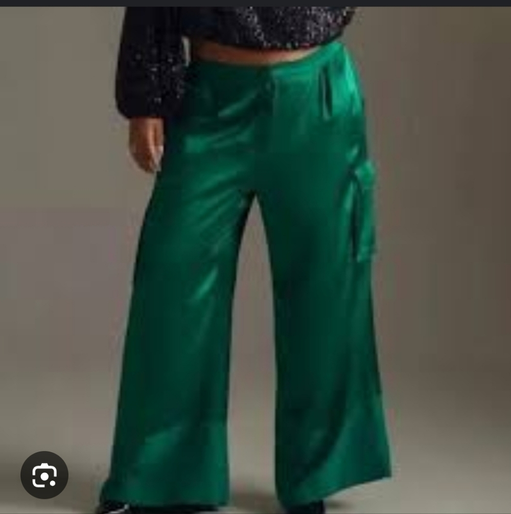 Anthropologie Corey Lynn Calter 2X Rich Satin Cargo Pants Emerald Green Wide Leg